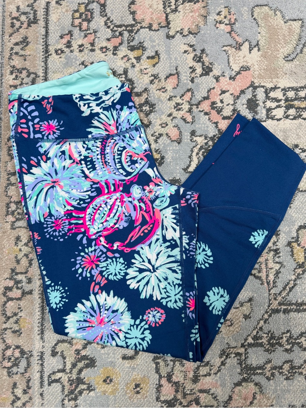 Lilly Pulitzer Navy Active Leggings with Aqua Lining and Pink Floral Accents